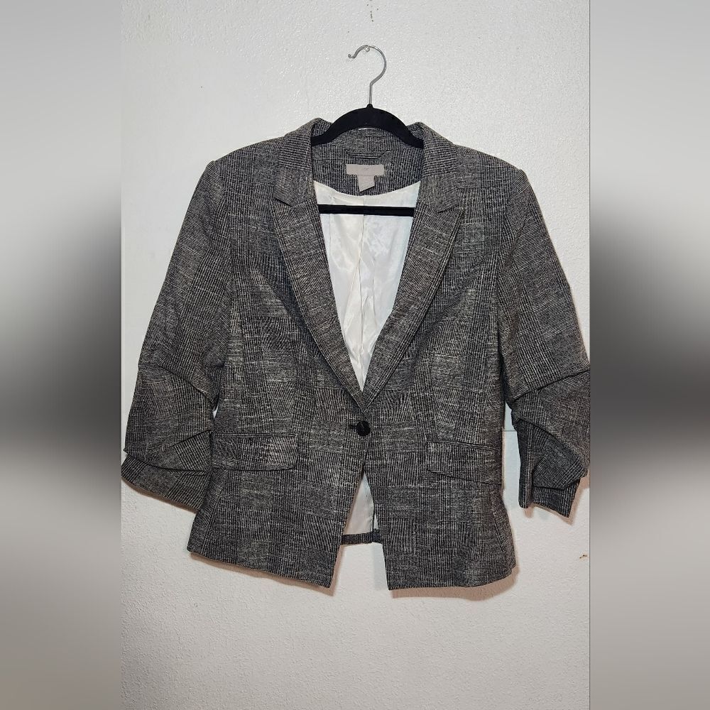 H&M Gathered Sleeves Black and White One Button Plaid Blazer Size Medium